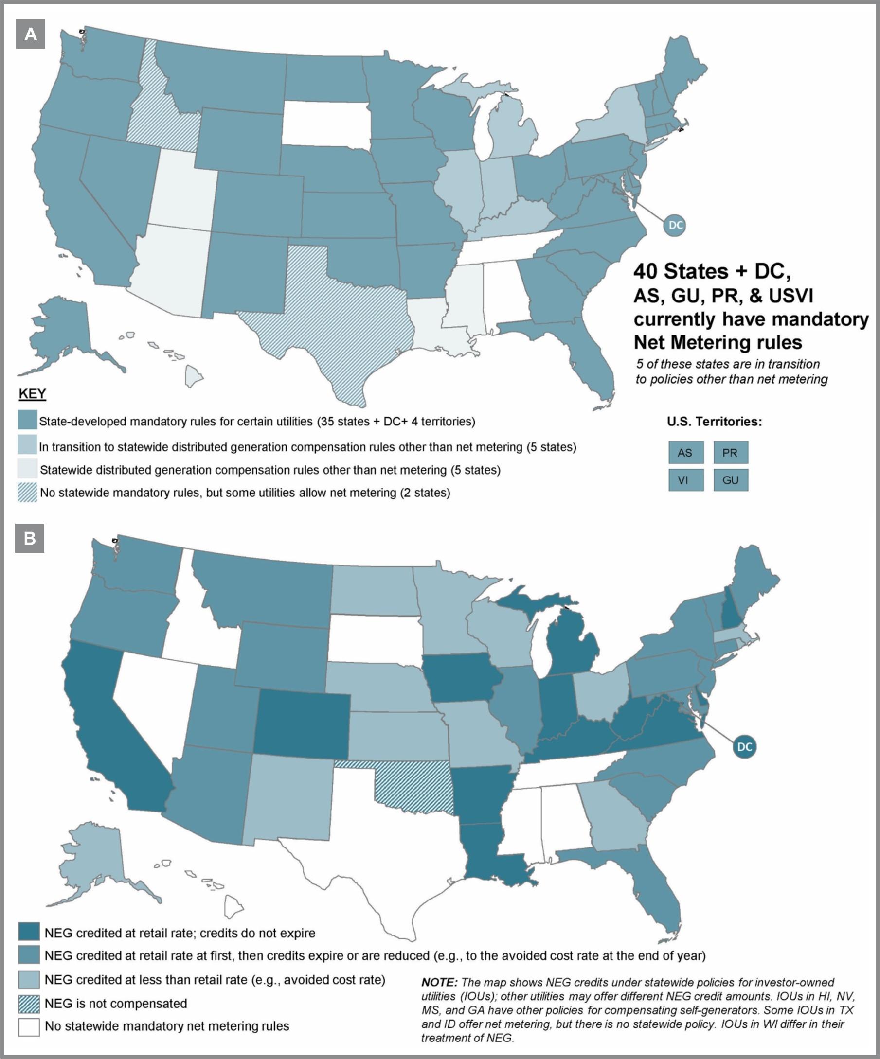 Figure 17. A) Mandatory net metering rules exist in 40 States and DC as of June 2020 (DSIRE, 2020a); and B) customer credits for monthly net excess generation (NEG) under net metering (DSIRE, 2016).