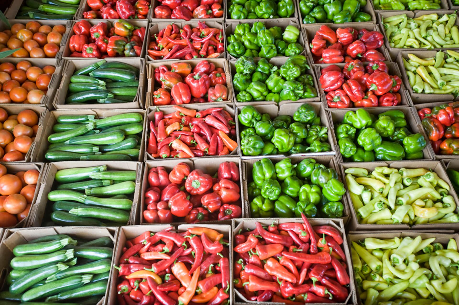 Boxes lined up for a farmers market table of bright vegetables like zucchinis, and red peppers, and green peppers