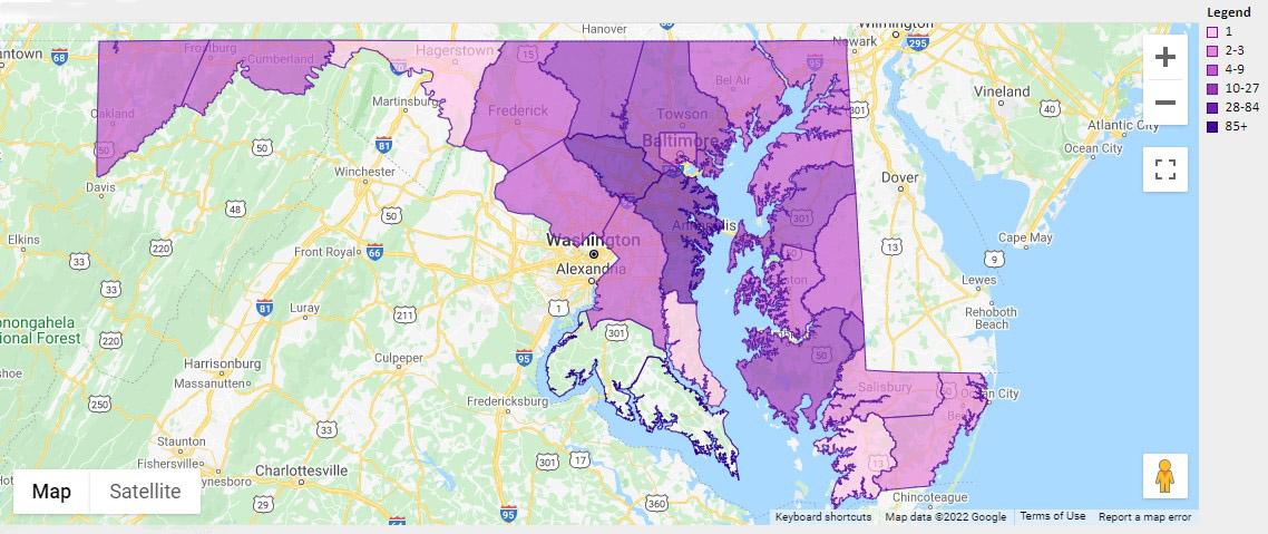 Canada Thistle distribution in Maryland. Courtesy marylandbiodiversity.com.