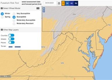 Fusarium Risk Assessment Tool screenshot of predicted risk from April 4, 2023, www.wheatscab.psu.edu