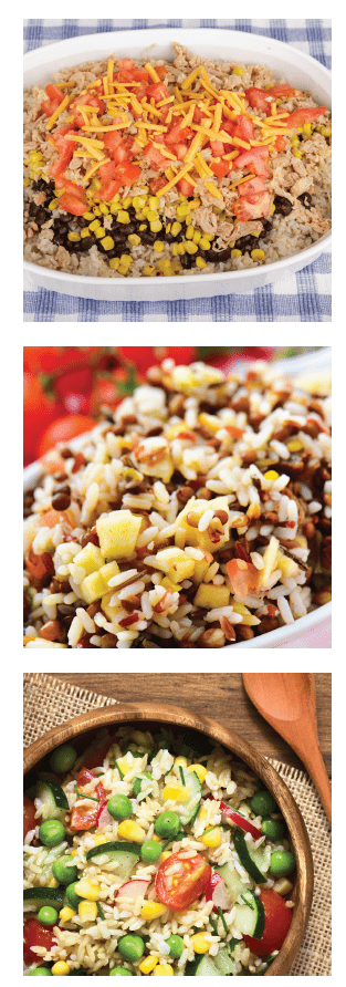 Three photos on how to make rice -- top photo is a casserole with corn, beans, tomatoes and cheese.  Middle photo is a rice pilaf salad and bottom photo is rice with veggies.