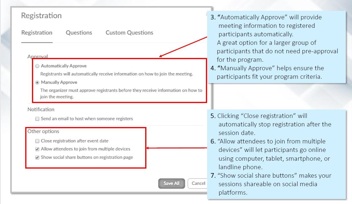 A diagram that explains how to set up registration settings.