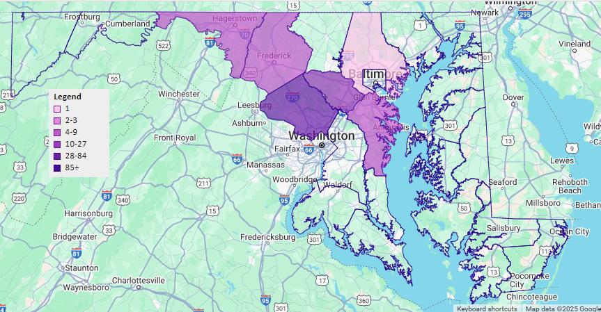 Reported distribution of incised fumewort in Maryland,  from Maryland Biodiversity Project.