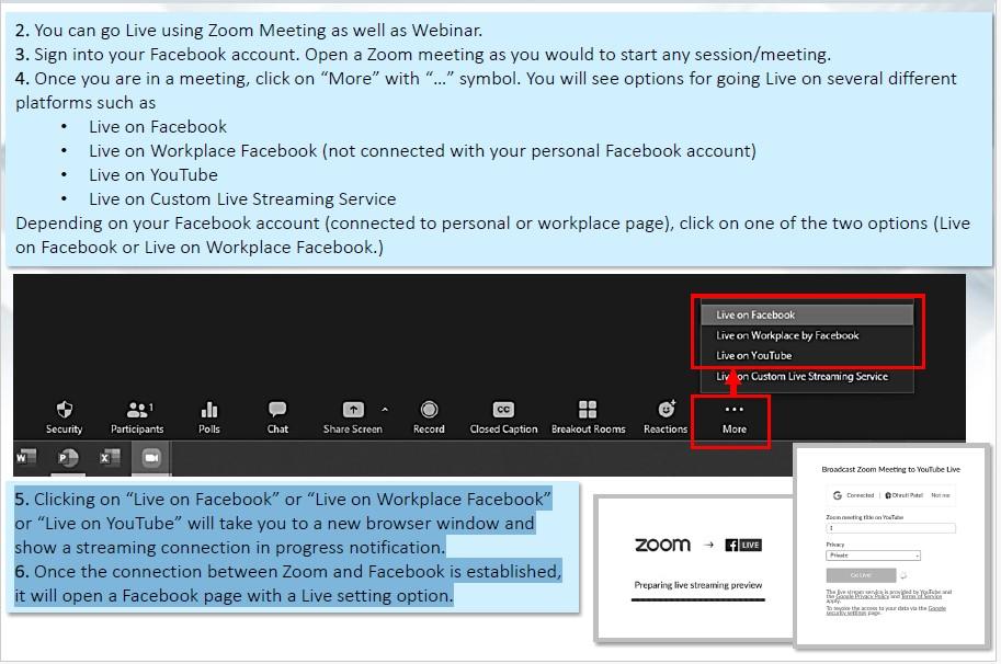 A diagram to set up a live sesion on social media using zoom continued.