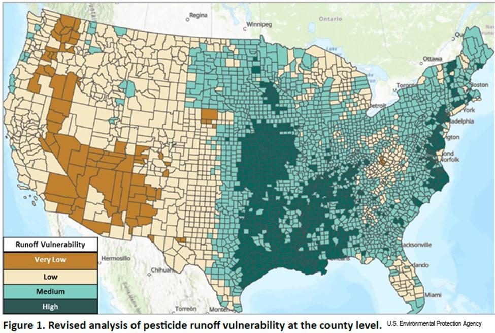 Map of the United States showing pesticide runoff vulnerability at the country level