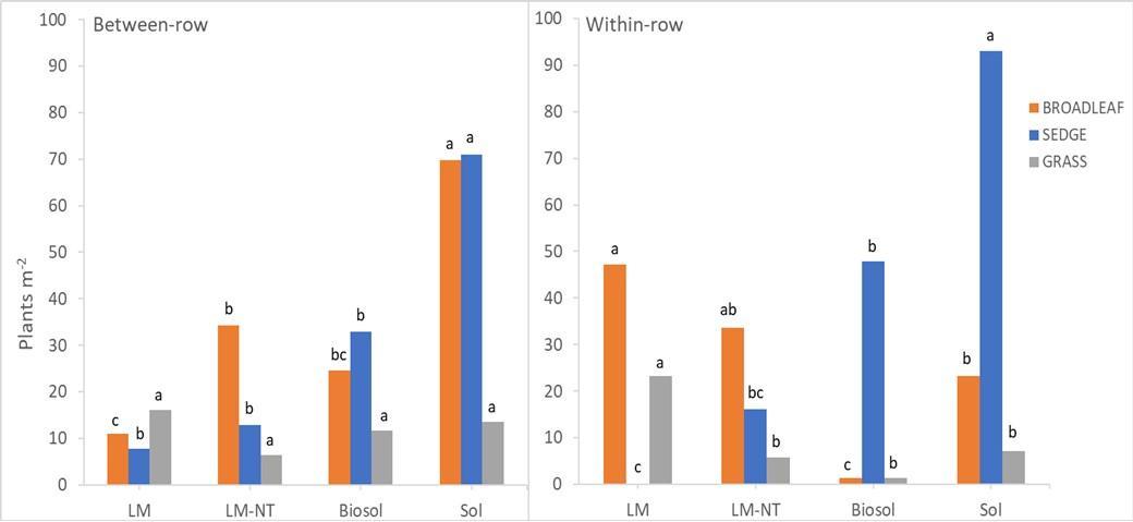 Early-season (2WAP) between & within-row weed abundance & type in response to treatments graph 