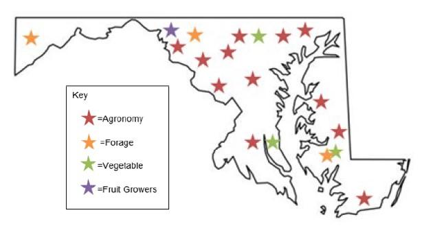 Map of Maryland highlighting the locations of the winter meetings.