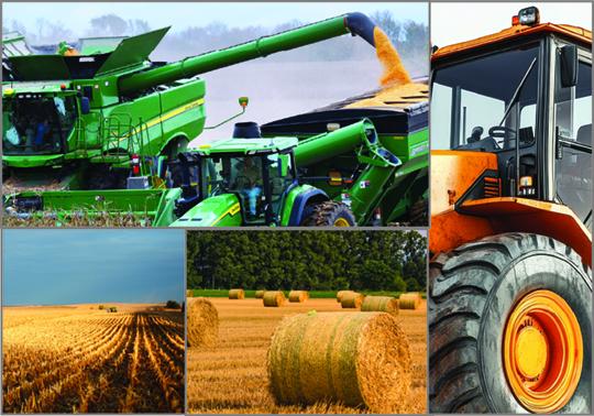 A collection of images showcasing various types of farm equipment used in crop harvesting, including tractors, combines, and harvesting machinery in action.