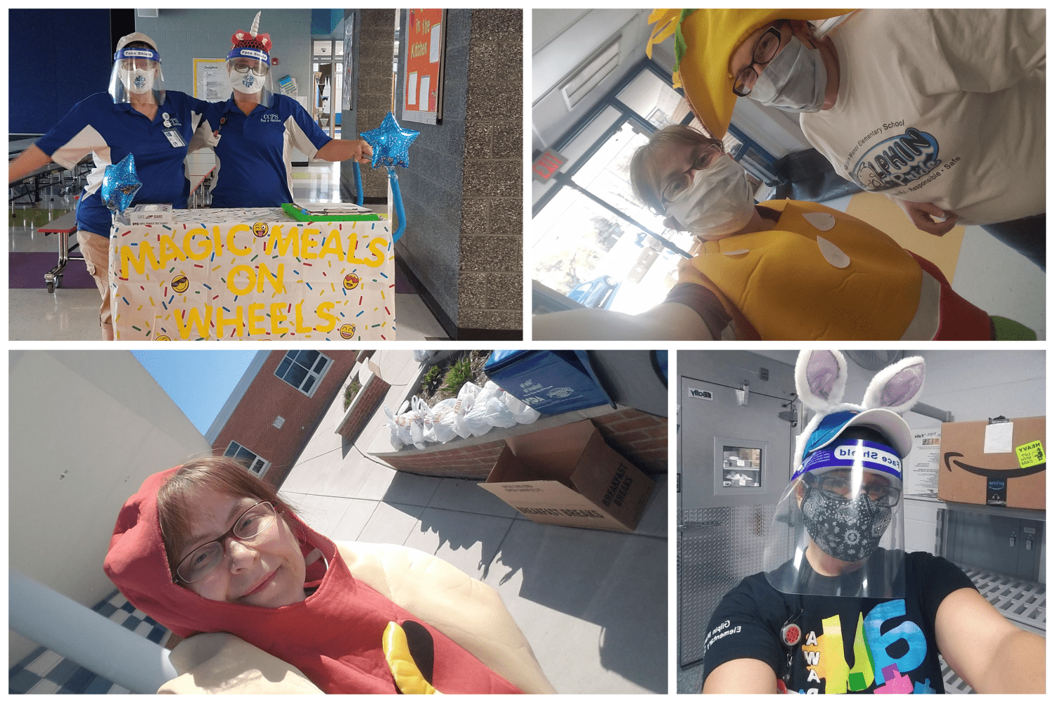 A collage of four pictures from school food service staff as they are handing out school meals. 