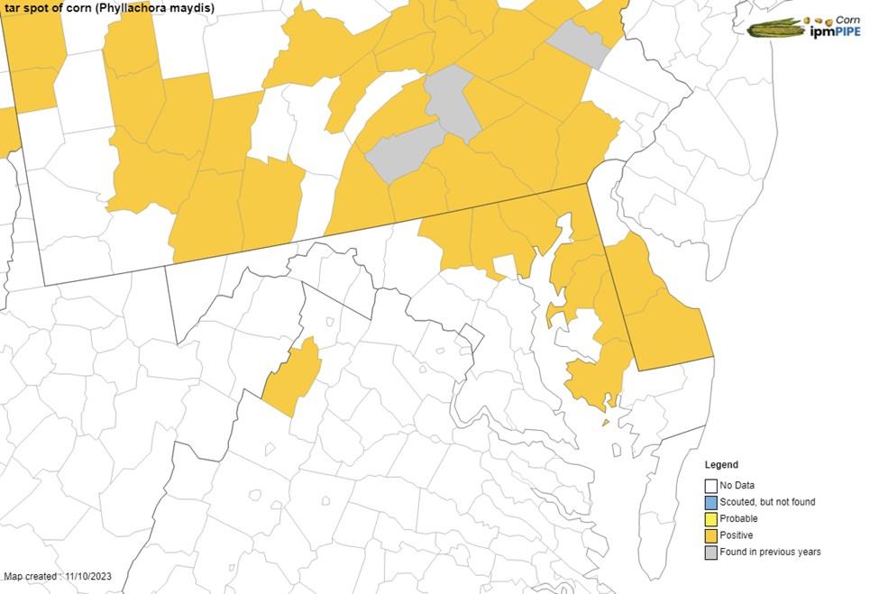 Map displaying confirmed distribution of tar spot.