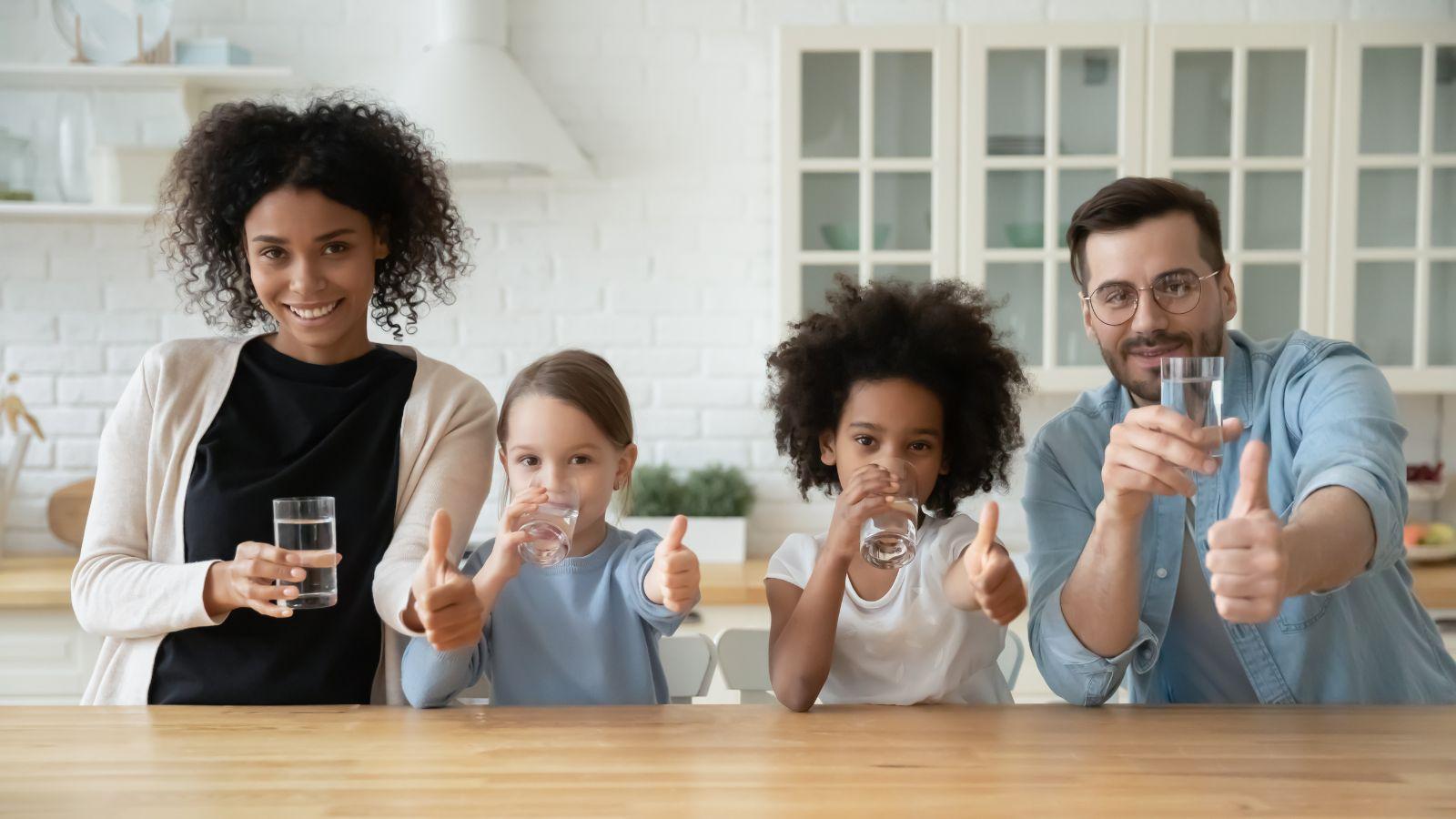 A multicultural family standing at a kitchen counter with glasses of water. 