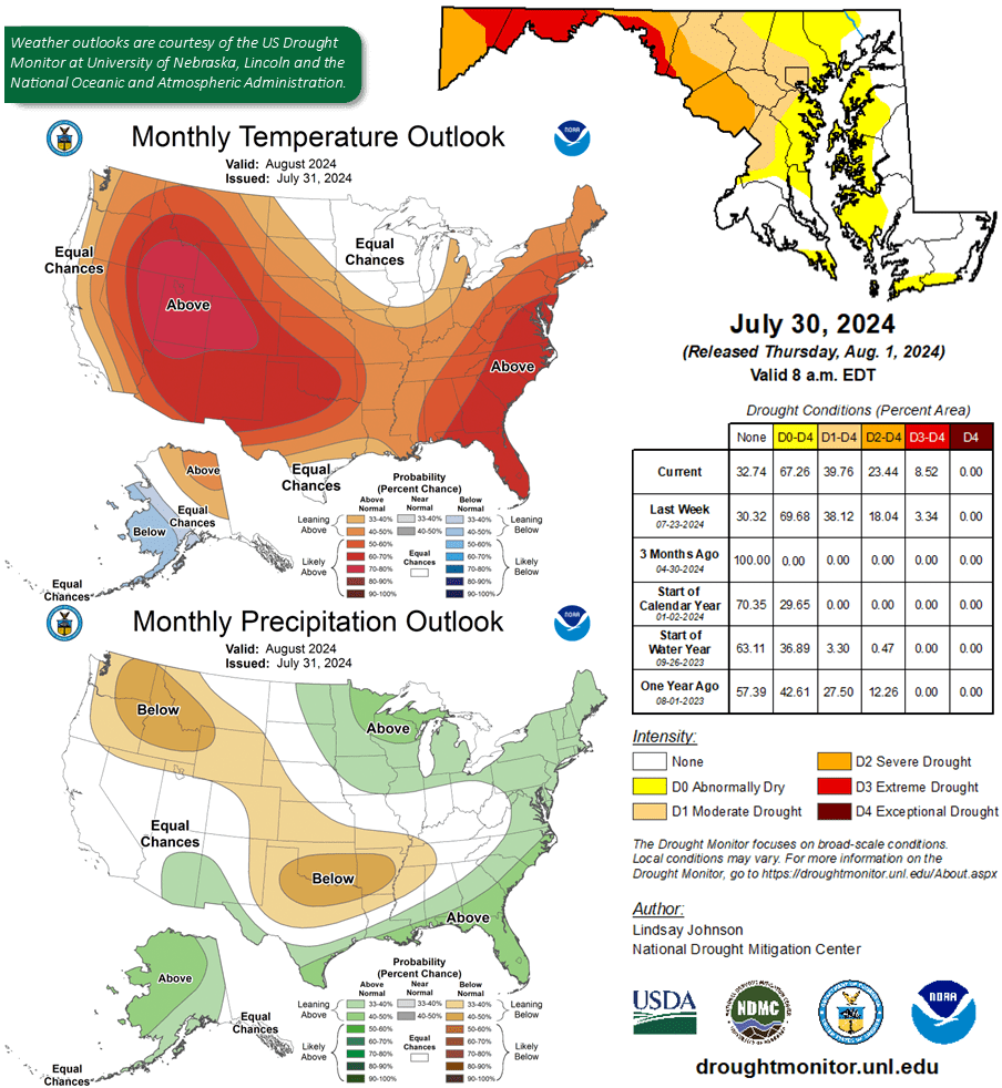 August 2024 weather outlook on temperature, precipitation, and drought conditions.