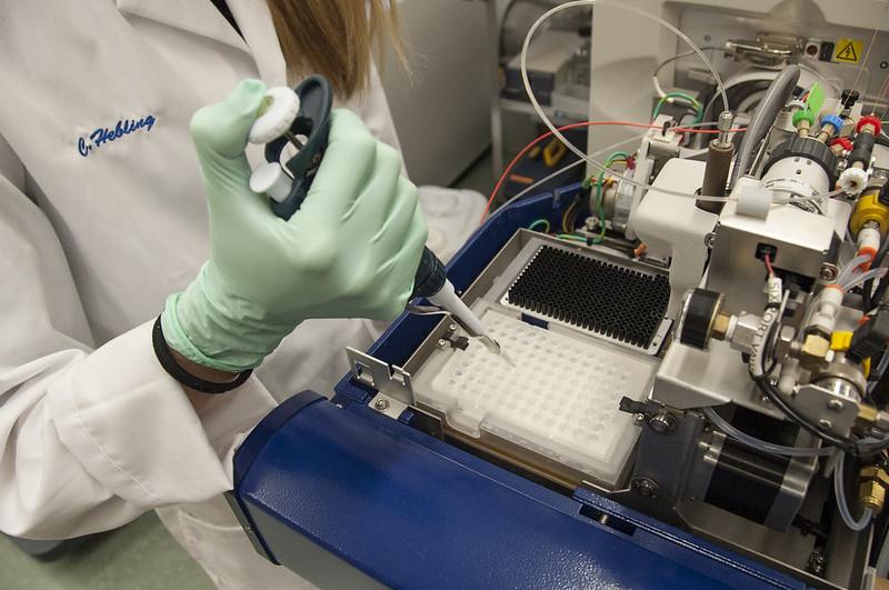 FDA researcher from the Center for Food Safety and Applied Nutrition prepares to collect tandem mass spectrometry data. FDA photo by Michael J. Ermarth