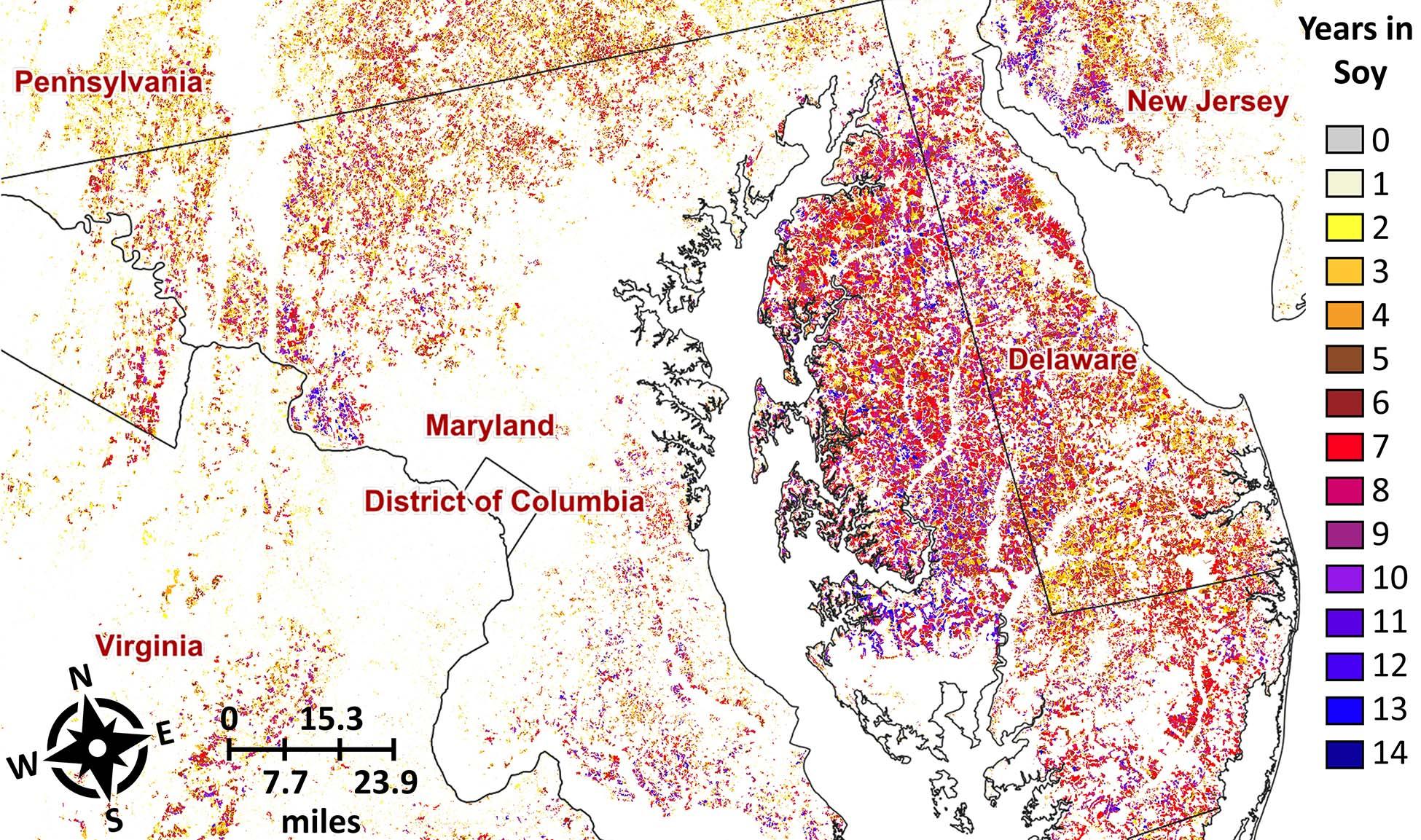 Figure 5. Cropland data layer depicting the frequency a given field has been in soybean from 2008-2021. These areas are at greatest risk for DSB and coincide with published geographic hotspots. Red, blue, and purple represent areas with 7+ years in soybean. Source: USDA NASS CropScape Cropland Data Layer, https://nassgeodata.gmu.edu/CropScape/