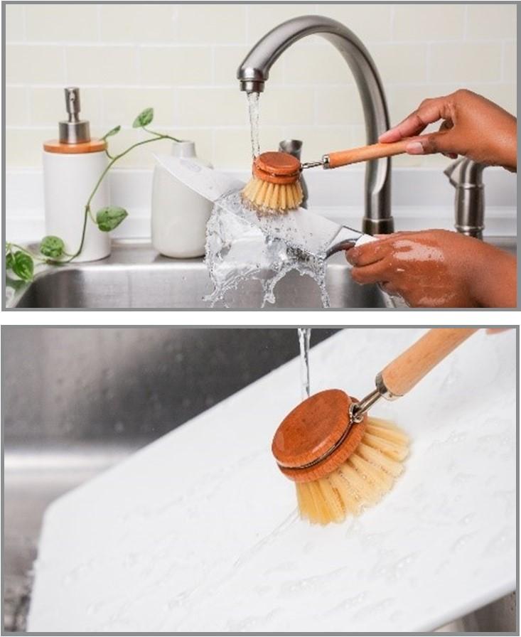 Chef's knife being cleaned by hand, with hot soapy water and Plastic cutting board being cleaned with hot soapy water. 