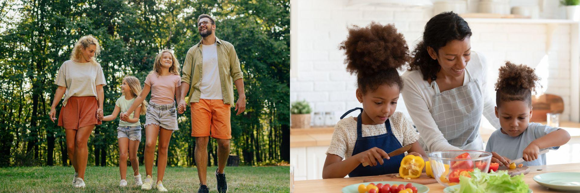 Two photos; First photo is white family taking a walk together. Second photo with an African american mom and 2 daughters cooking together. 