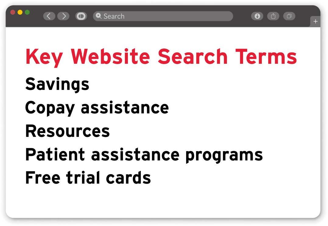 Web browser featuring key search terms: Savings, copay assistance, resources, patient assistance programs, and free trial cards.