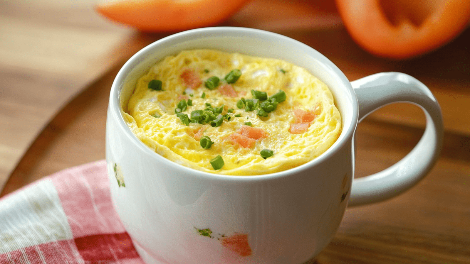 An omelet with various chopped vegetables is prepared in a mug 